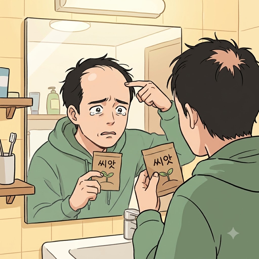 "다시(re) 씨앗(seed)을 심어야 해!" 남자는 이마선이 계속 뒤로 물러나자(recede) 절망했다.