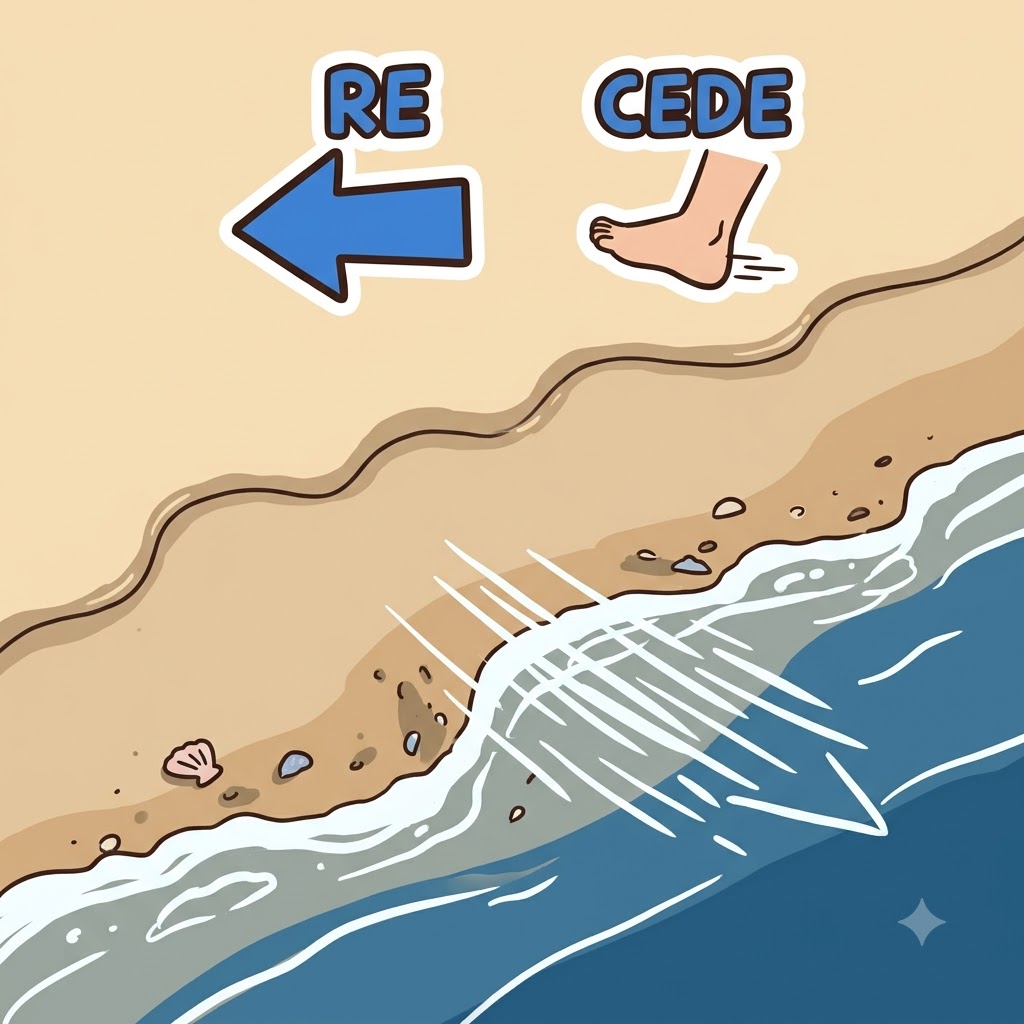 RE(뒤로) + CEDE(가다) — 해변을 덮치는 대신, 거대한 파도는 뒤로(RE) 가며(CEDE) 바다로 조용히 물러났다(recede).