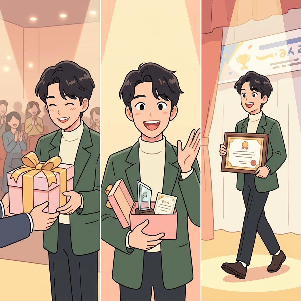 수령인은 선물을 받은 뒤 팀을 대표해 자랑스럽게 무대에 섰다.