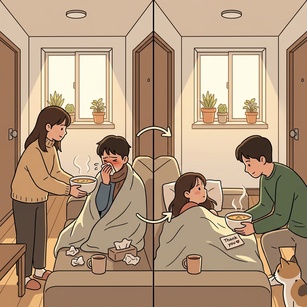 그녀가 아플 때 수프를 가져다줬더니, 그가 감기 걸렸을 때 똑같이 해줬다.