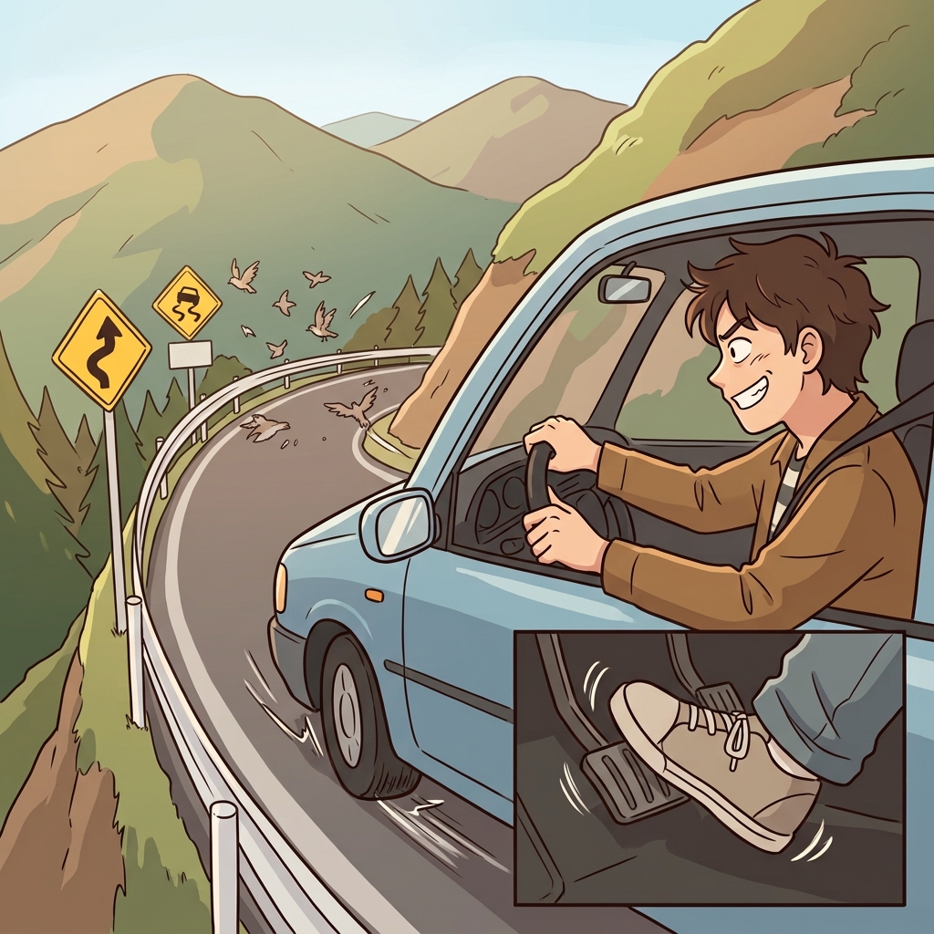 The reckless driver floored the accelerator and sped through a sharp curve without slowing down.