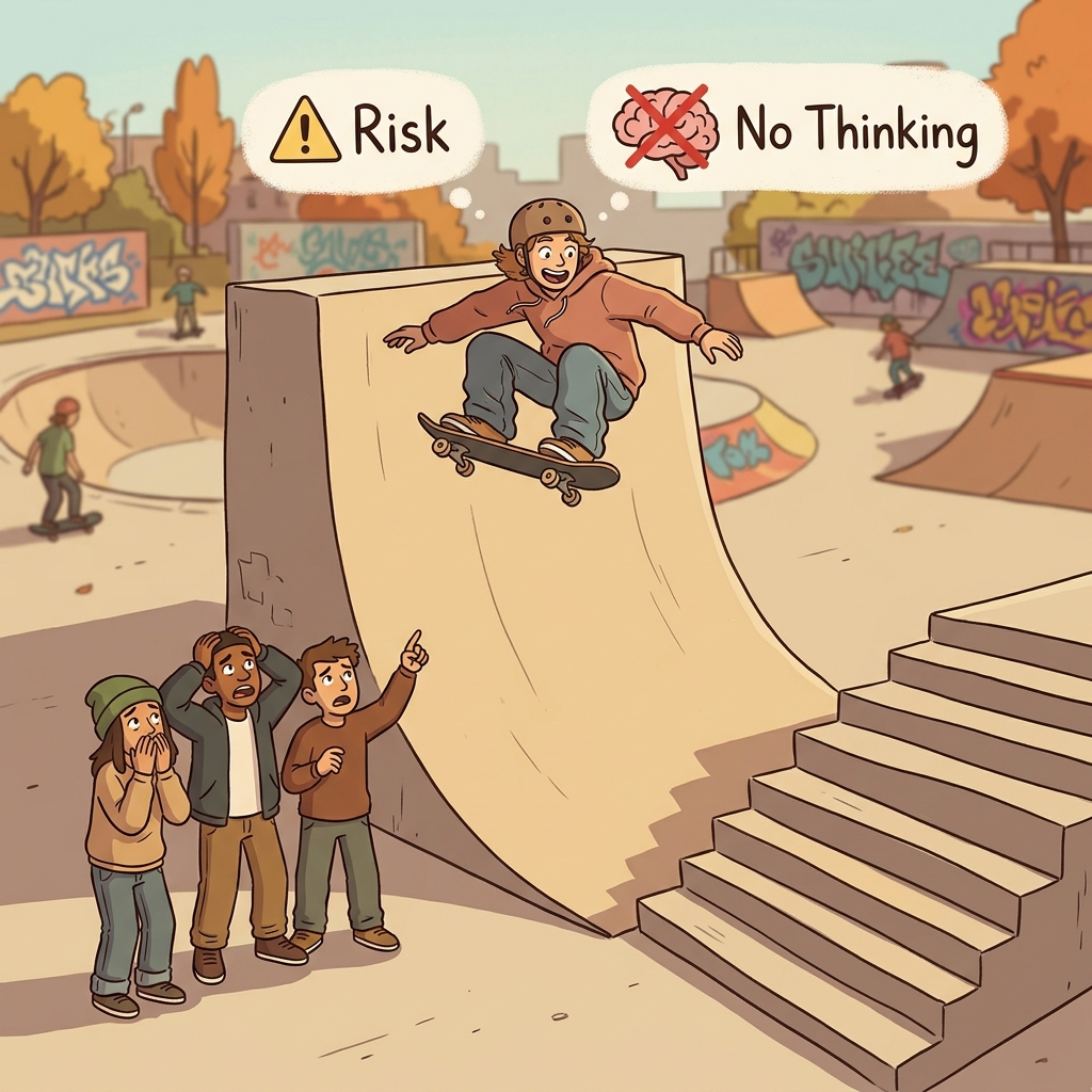 The reckless skateboarder jumped across a huge staircase without thinking.