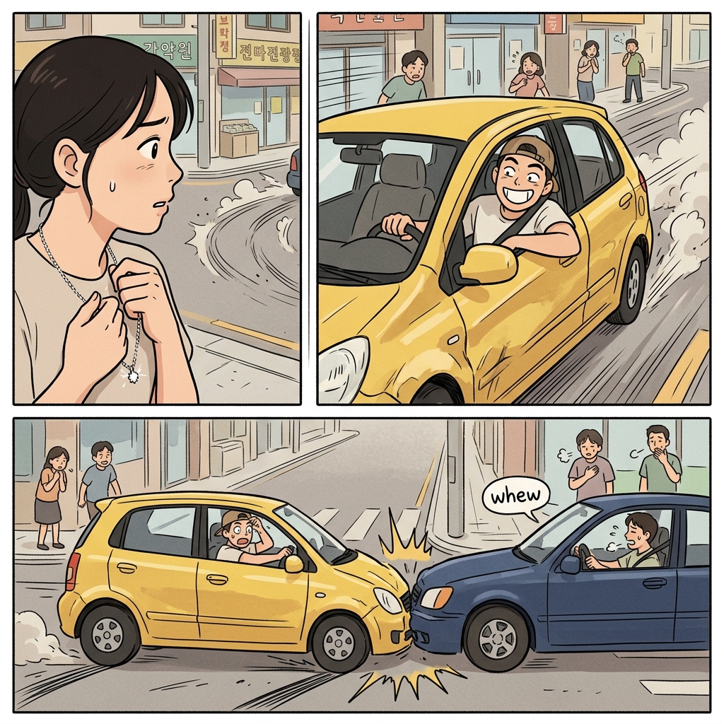 She grabbed her necklace before telling the reckless driver, "Wreck less!"