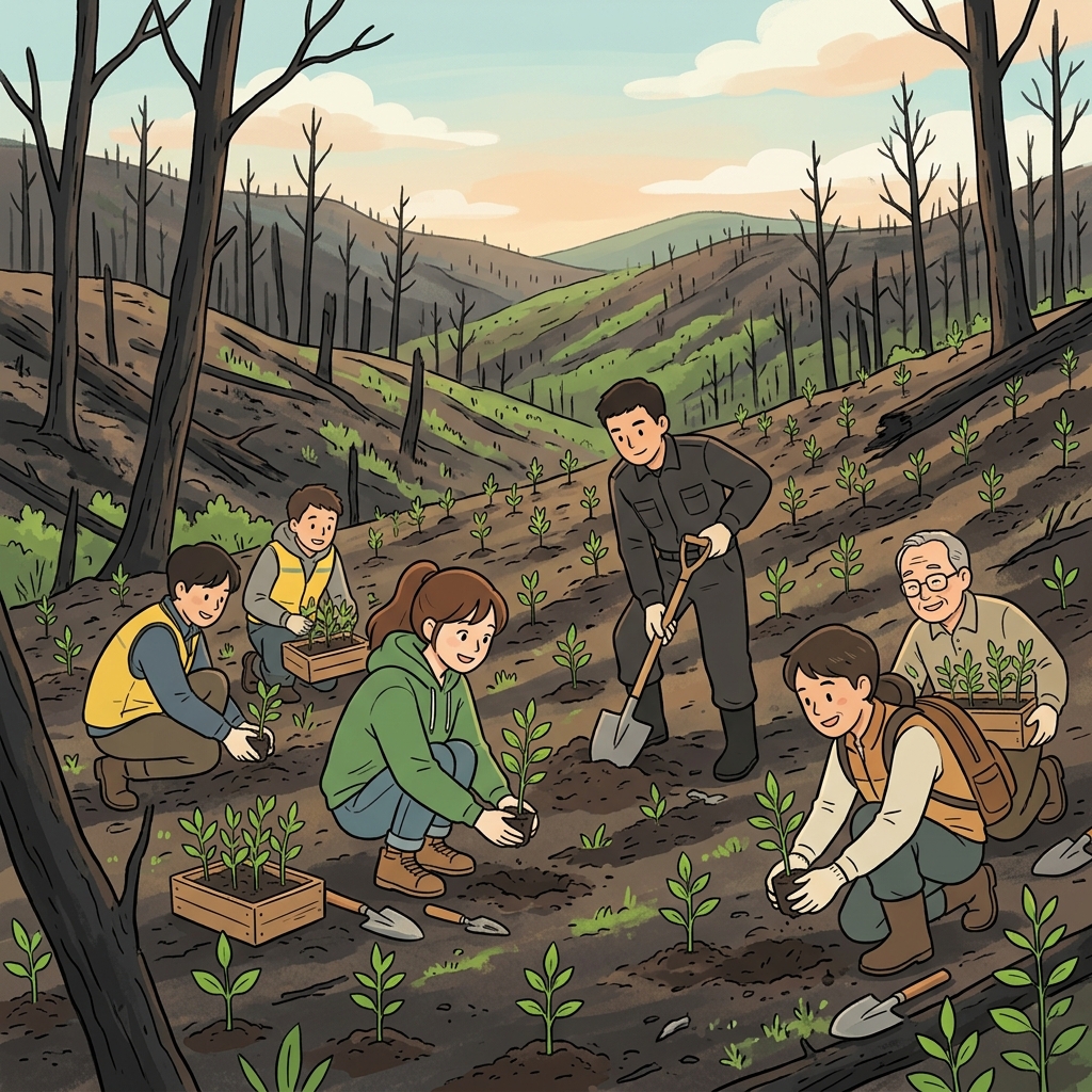 The firefighters reclaimed the forest after the wildfire was extinguished.
