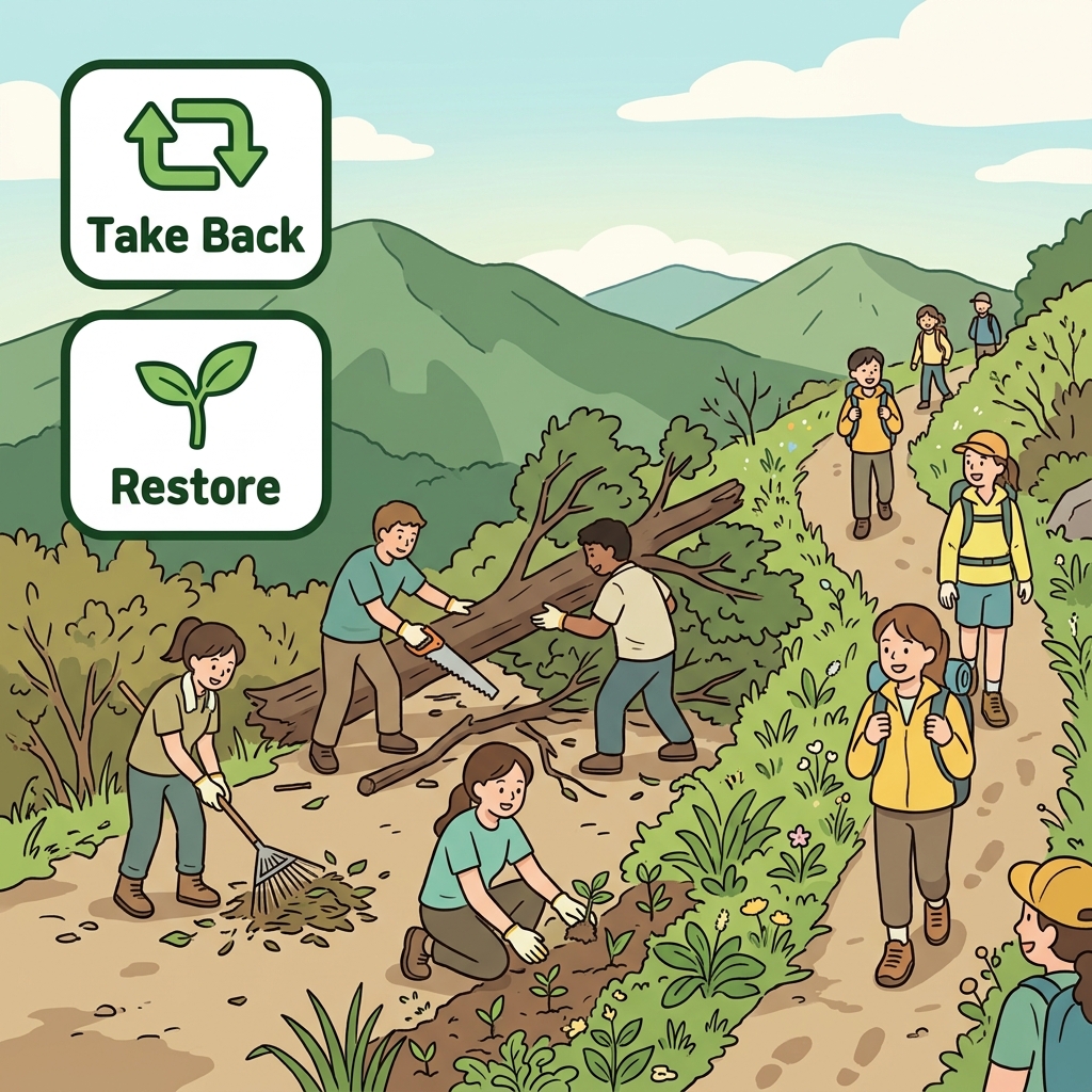 The hikers reclaimed the trail after clearing fallen trees.