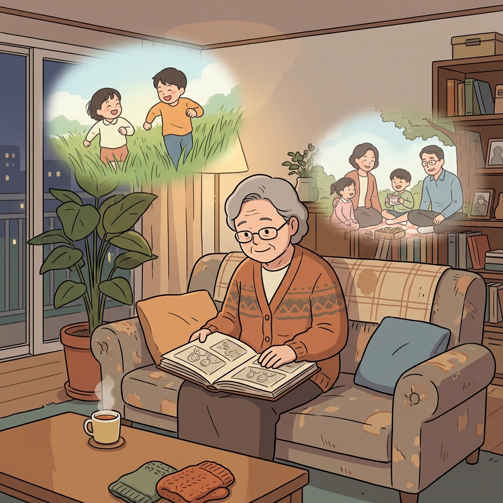 She recollected her happy childhood while looking through an old photo album.