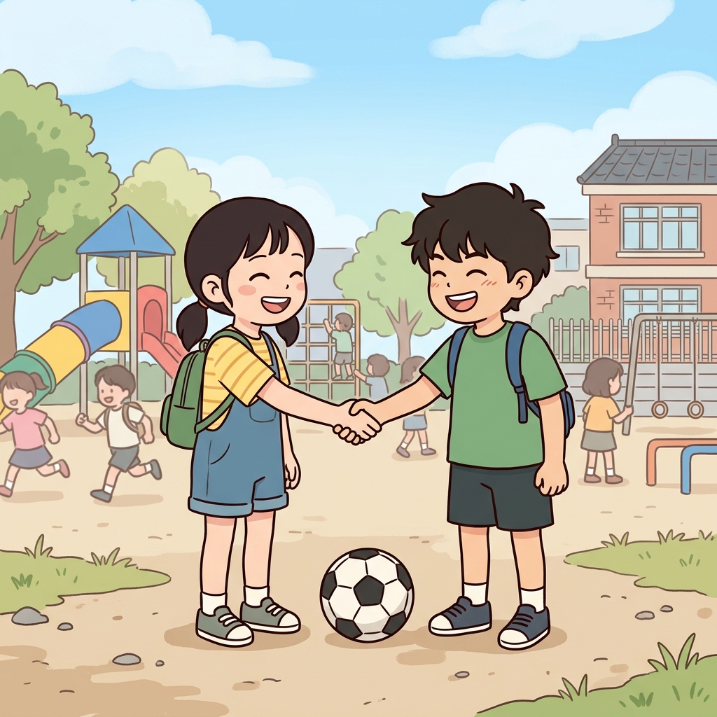 그들의 화해는 친구들을 다시 하나로 만들었다. (다시(Re) 손을 잡고 Smile한다. → 화해하다)