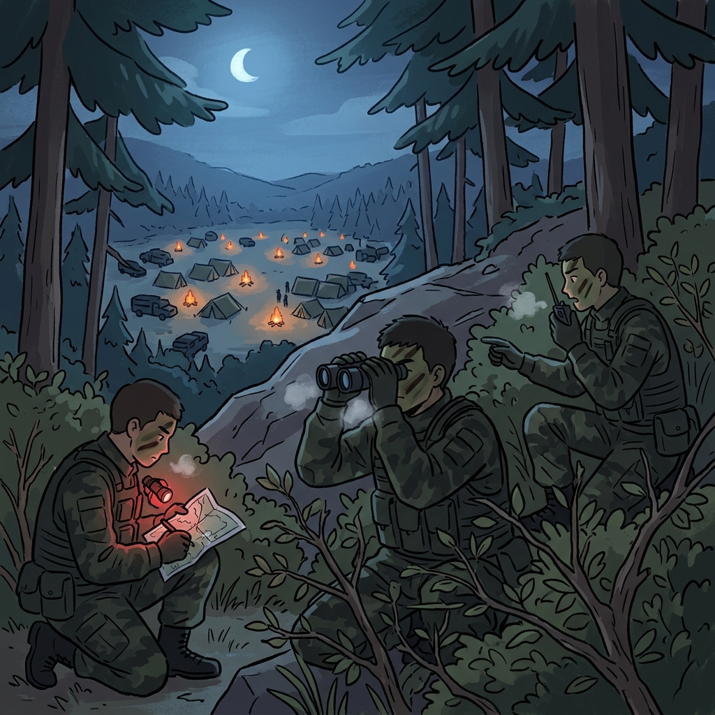 The scout team completes a night reconnaissance to map enemy positions before dawn.