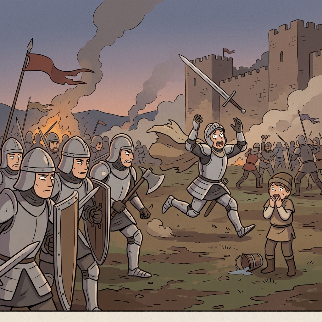 The recreant knight drops his sword and flees while his comrades hold the line.