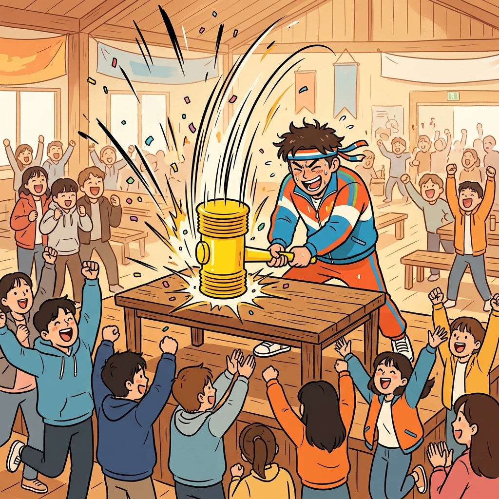 활기찬 진행자는 거대한 삑삑이 망치를 쾅 내리치며, 오락(레크리에이션) 게임을 시작할 시간이라고 알렸다. (쉬면서 몸과 마음을 다시(Re) 만들(Create)었다. 그것이 Recreational 활동이다.)