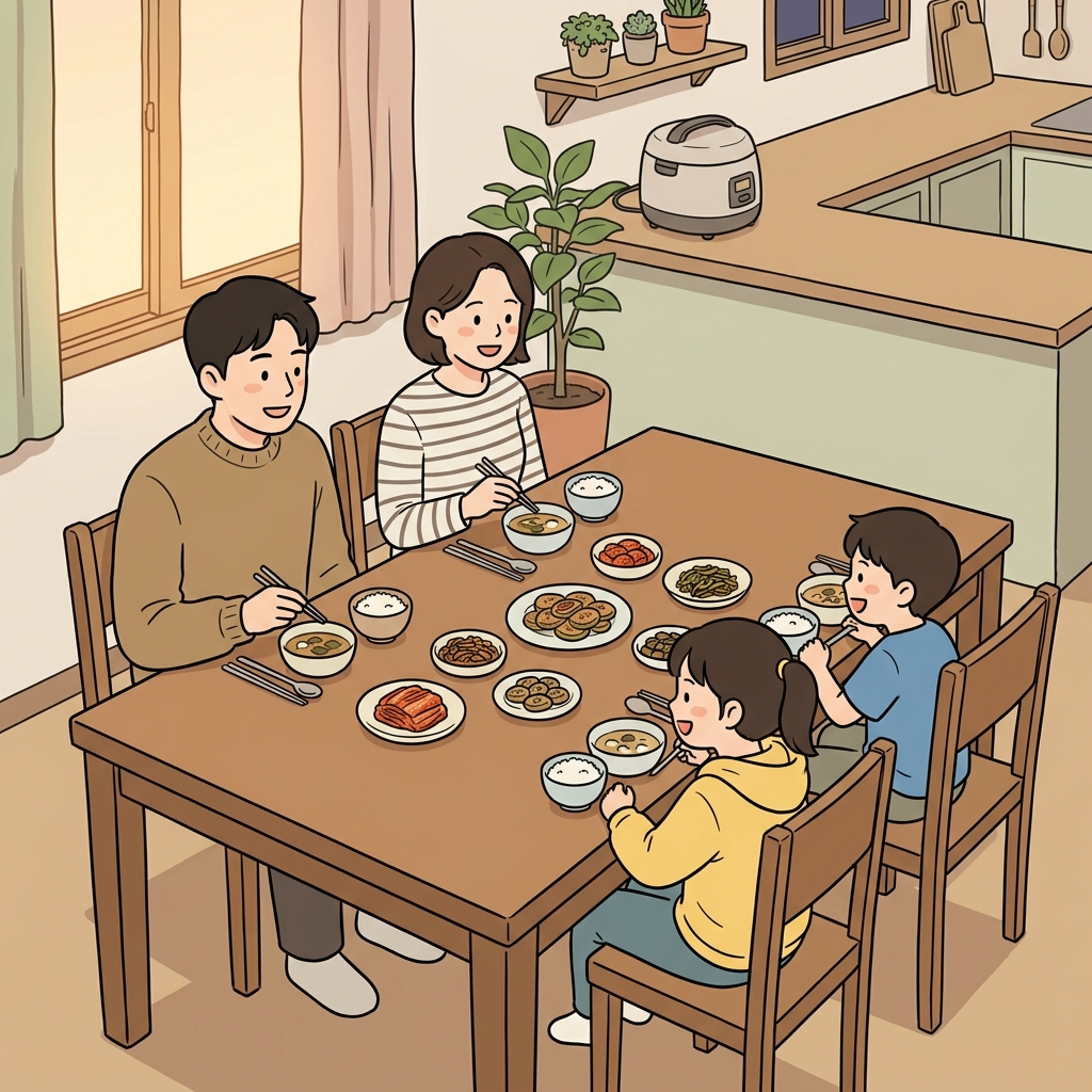 The family gathered around a large rectangular dining table for dinner.