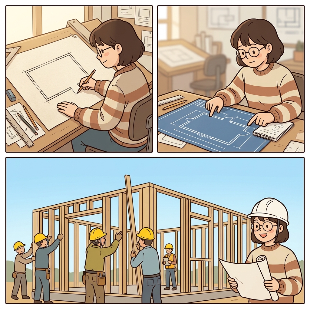 The architect designed a rectangular room, completed the blueprint, and began construction.