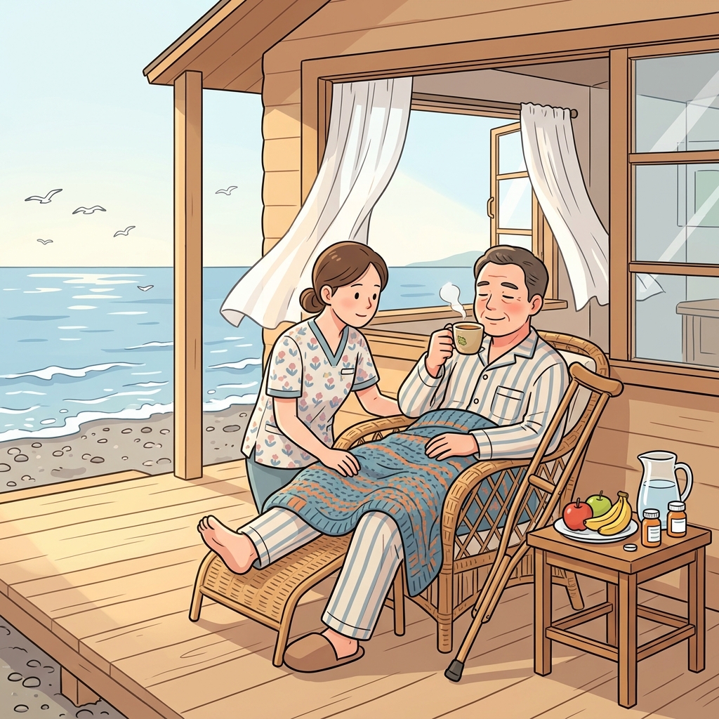 After surgery, he takes time to recuperate at a quiet seaside cottage.