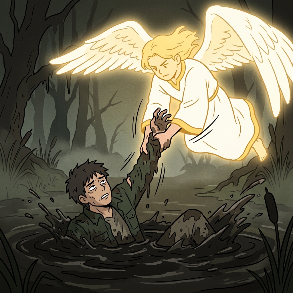 The glowing angel violently grabbed the sinking man's hand, aggressively yanking him out of the dark mud to offer total redemption.
