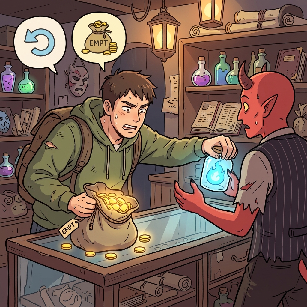 RE(back) + EMPT(buy) + ION(state) — redemption is aggressively slamming a heavy bag of gold on the counter to literally buy back your trapped soul.