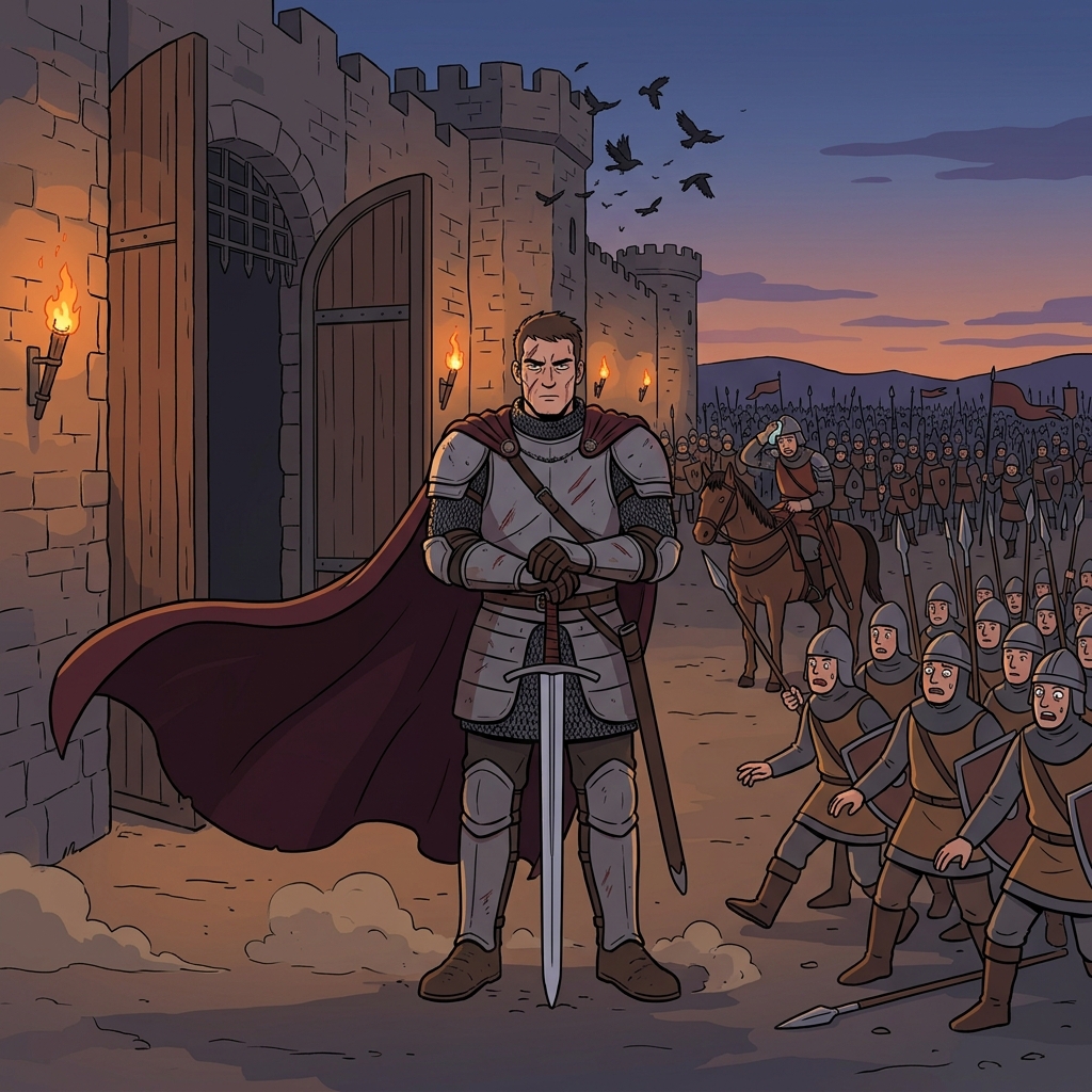 The redoubtable general stood alone at the gate, and the enemy hesitated to advance.