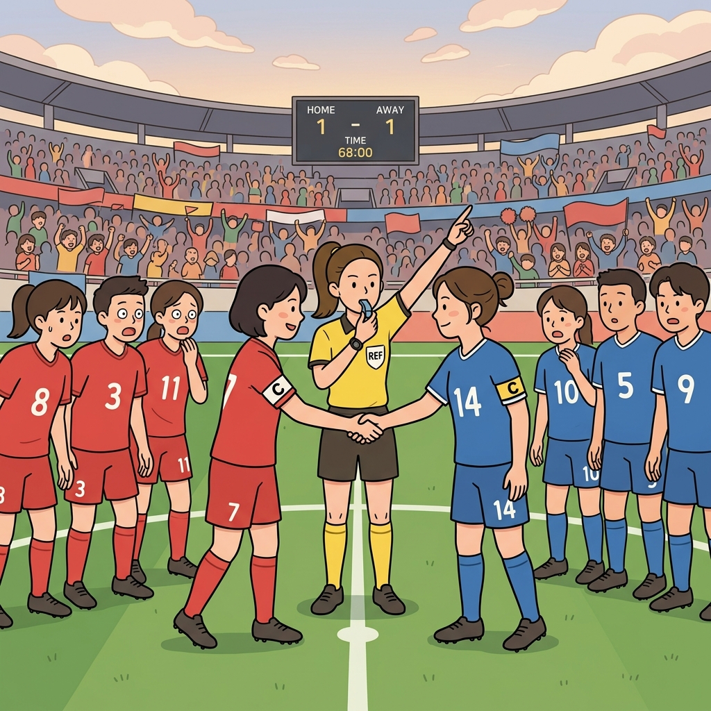 심판은 양 팀이 모두 받아들인 공정한 판정을 내렸다. ("레프리!" → 축구장에서 '레프리!'라고 심판을 부른다)