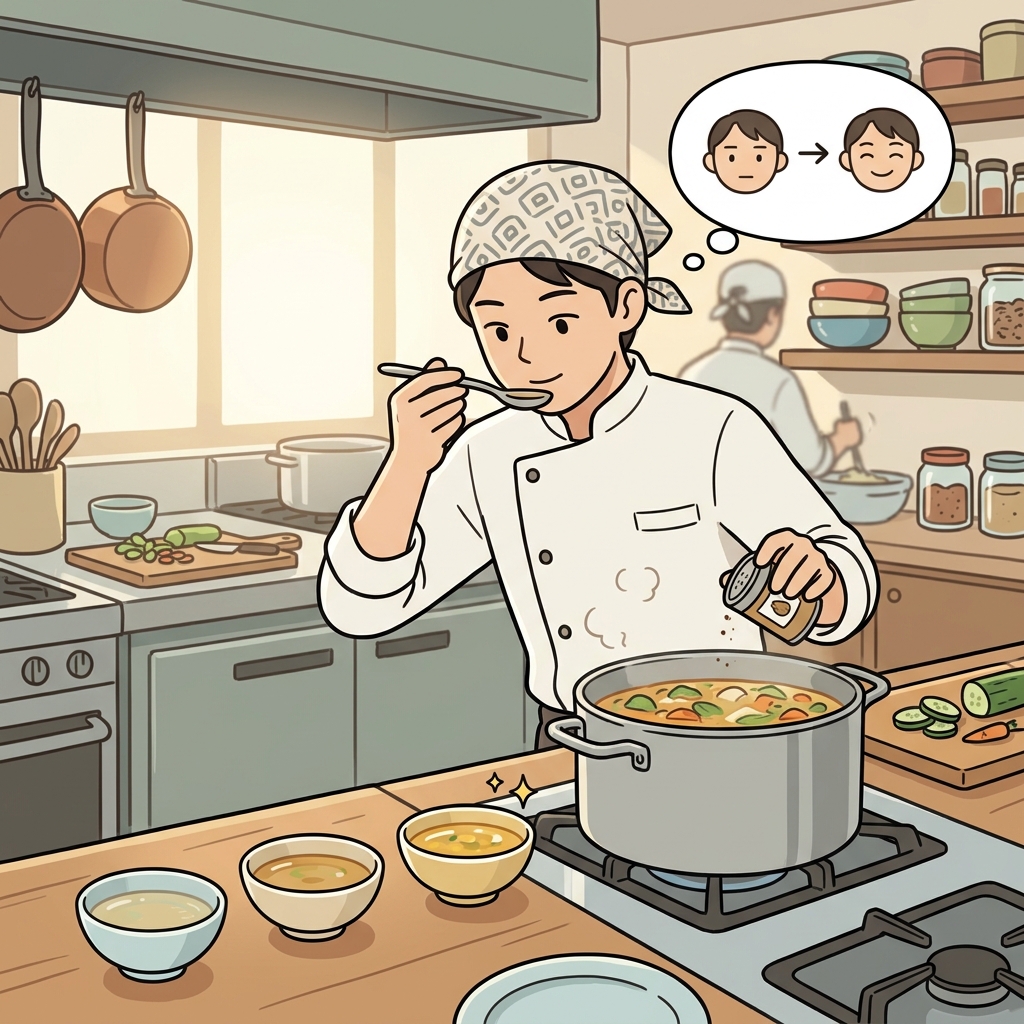 요리사는 여러 번의 실험 끝에 레시피를 다듬었다. ("리파인!" → 다시 손봐서 더 좋게 만든다)