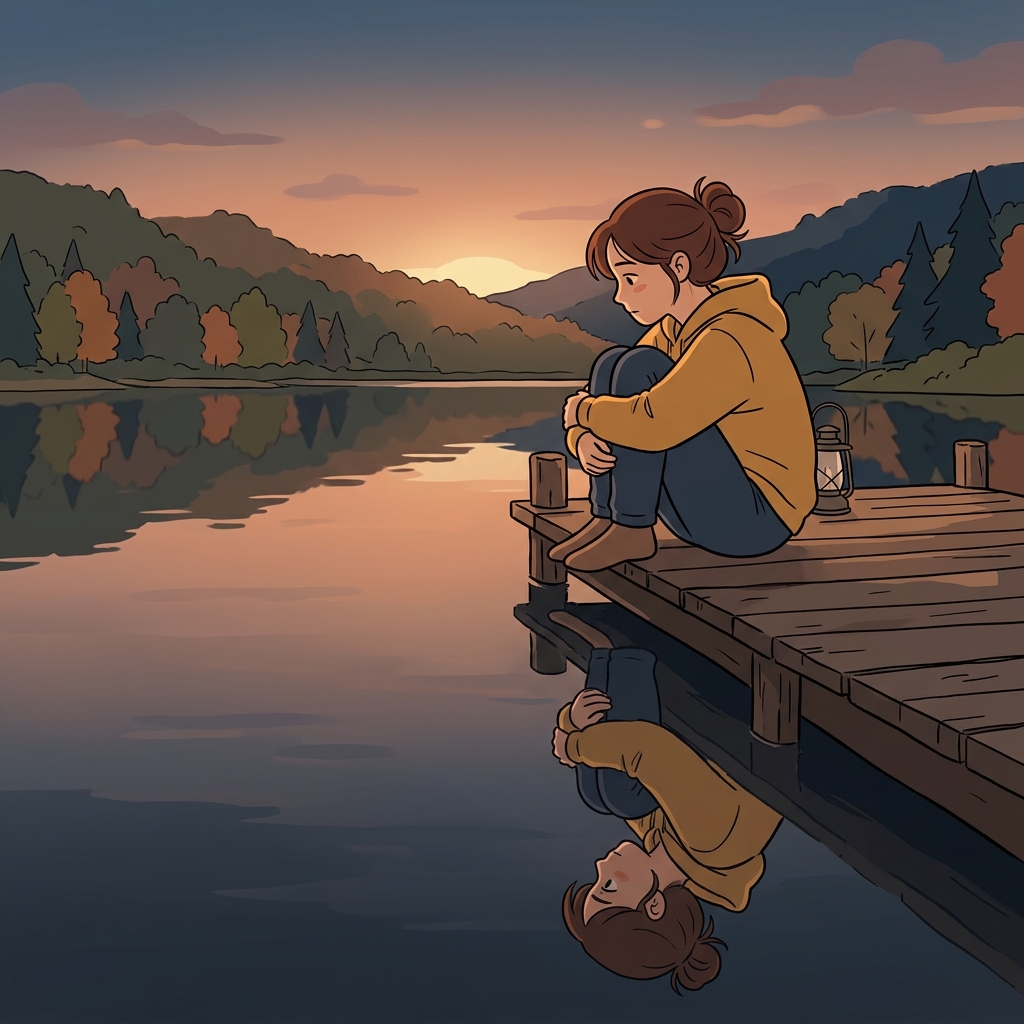 The still lake reflected the girl and the sunset sky.