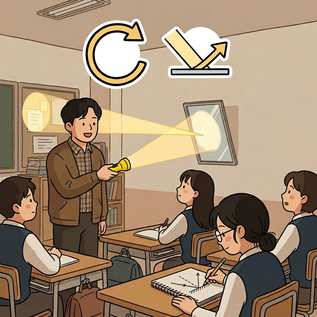 The teacher shone a flashlight at the mirror, and the light reflected onto the wall. (REFLECT → RE + FLECT → light bends back and reflects)