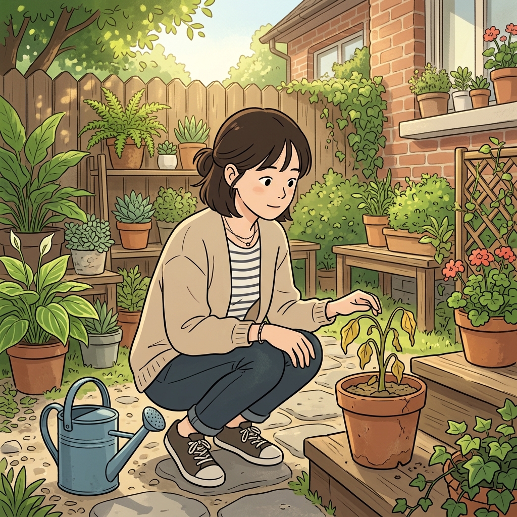 She reflected on why the plant wilted, realizing she had neglected to protect it from the hot sun.