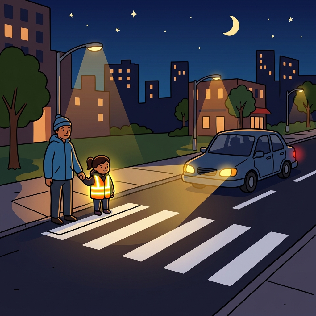 The reflective vest shone brightly when the car lights hit it at night.