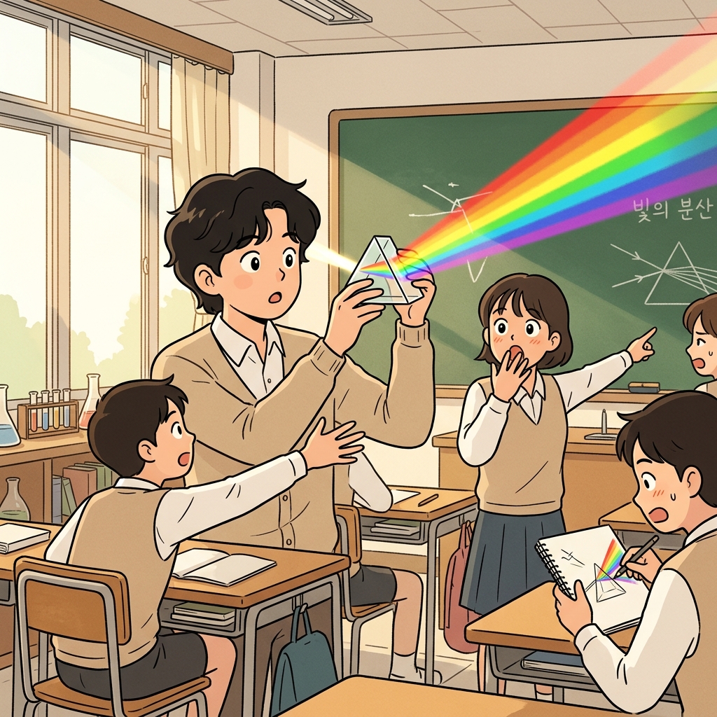 The prism refracted sunlight into a brilliant rainbow across the classroom wall.