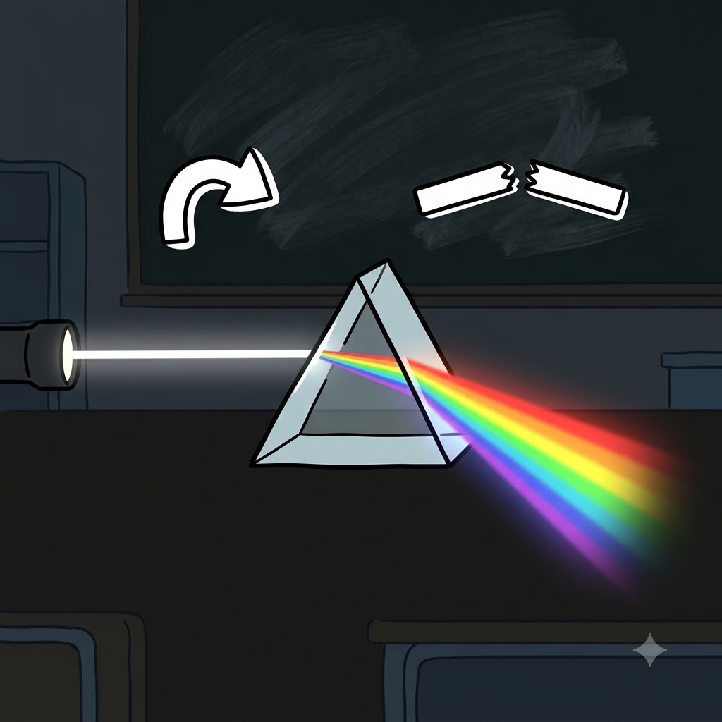 RE(away) + FRACT(break) — hitting the crystal, the straight light seemed to completely FRACT(break) and bend RE(away), creating a beautifully refracted rainbow.