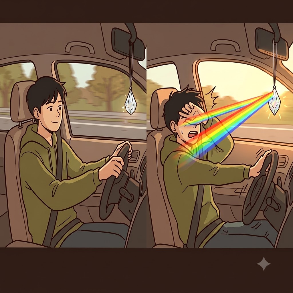 Completely distracted by the sudden blinding beam, the driver squinted as the sun was sharply refracted through the hanging crystal.