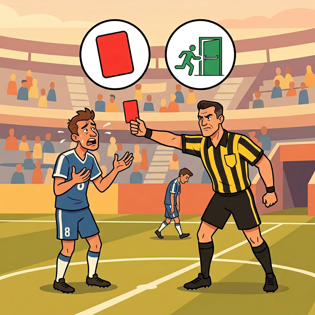 The referee rejected the player's protest by showing a red card and ejecting him. (RED CARD + EJECT → reject means refusing and sending something away)