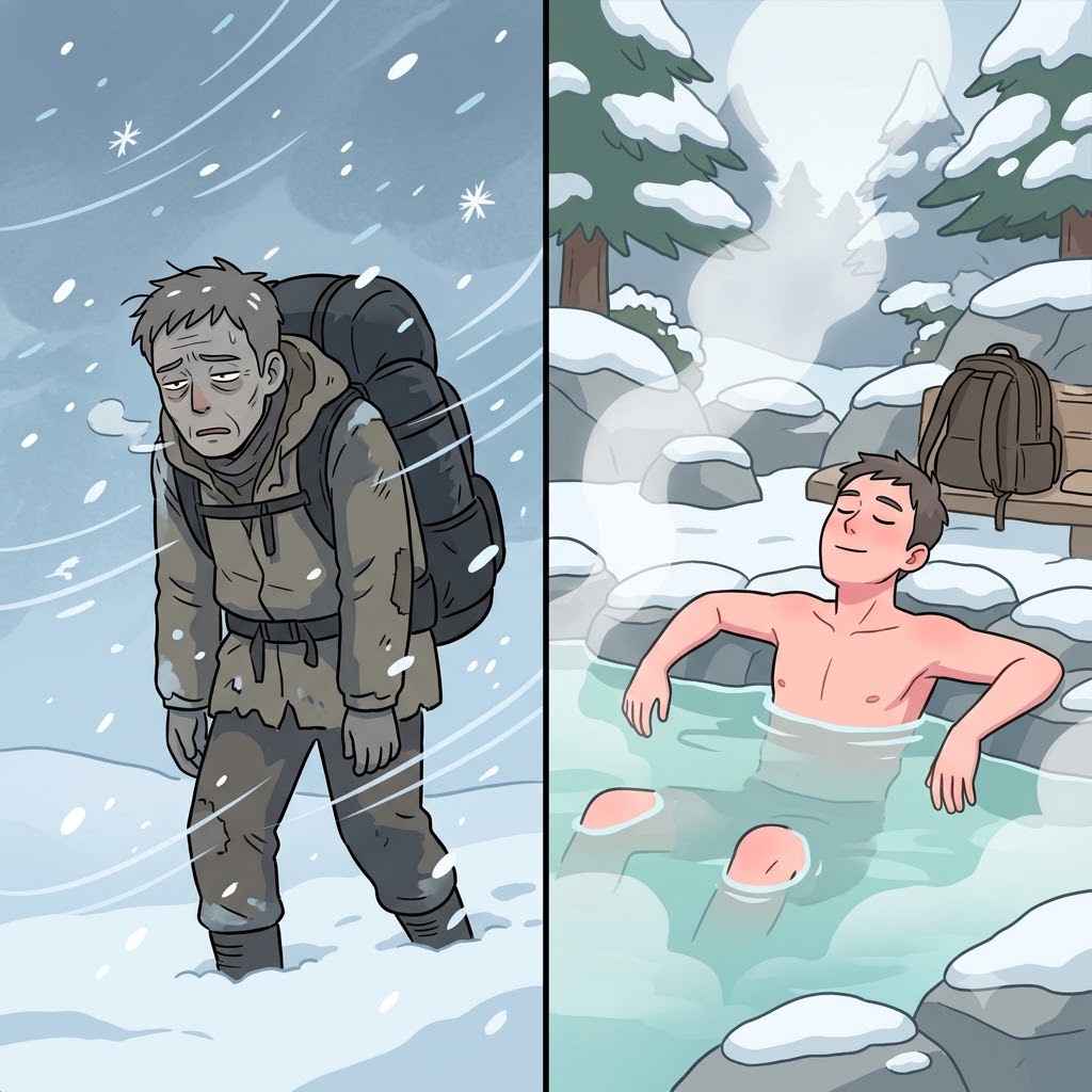The relaxing hot spring bath managed to completely rejuvenate the exhausted, freezing traveler.