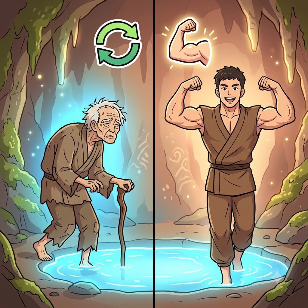 RE(again) + JUVEN(young) + ATE(make) — bathing in the magical spring managed to make him JUVEN(young) RE(again), perfectly serving to rejuvenate his old body.