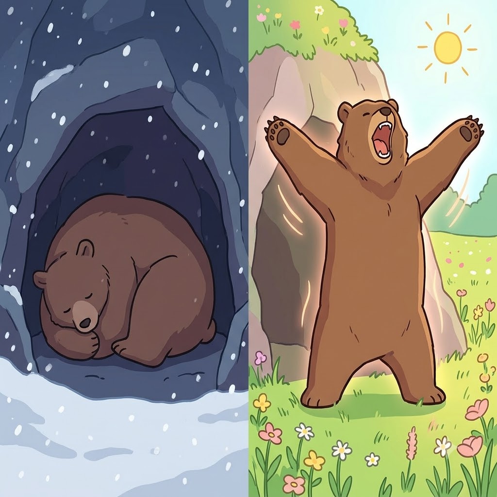 After sleeping all winter in the dark cave to hibernate, the bear stepped into the warm spring sun to completely rejuvenate.