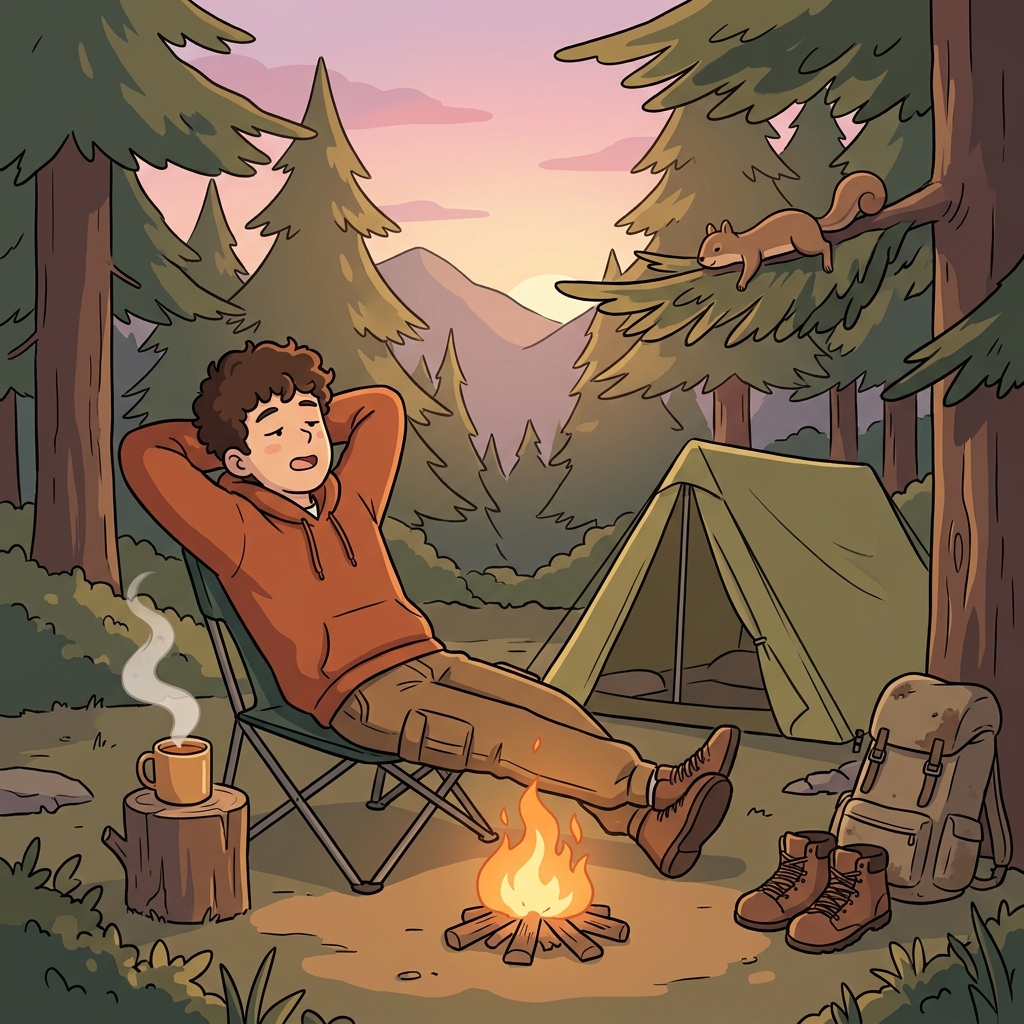 After a long hike, he feels totally relaxed by the campfire.