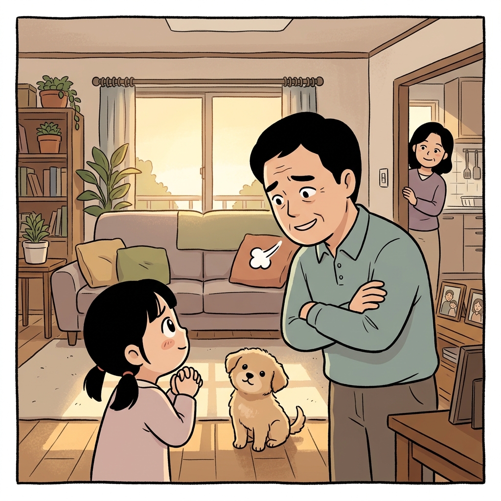 딸이 계속 조르니까 아빠도 결국 마음이 누그러졌다.