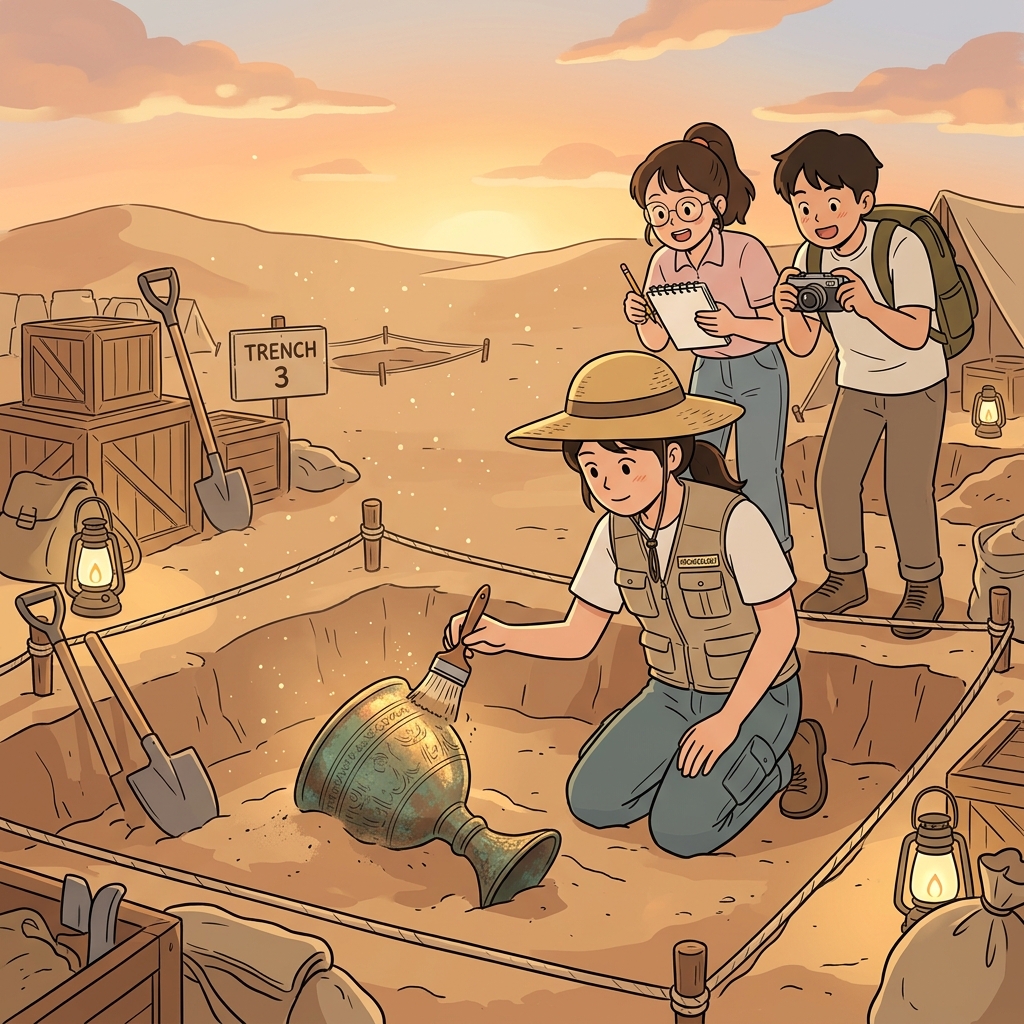The archaeologist gently brushes dust off an ancient relic buried for centuries.