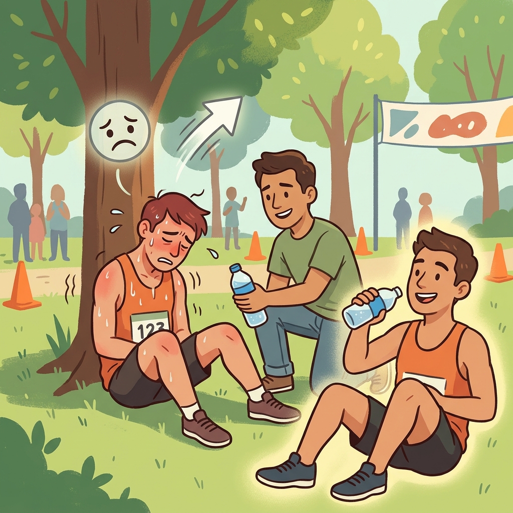 The cool water relieved the runner's exhaustion. (RE-LEAVE → leave the pain behind and feel better again)