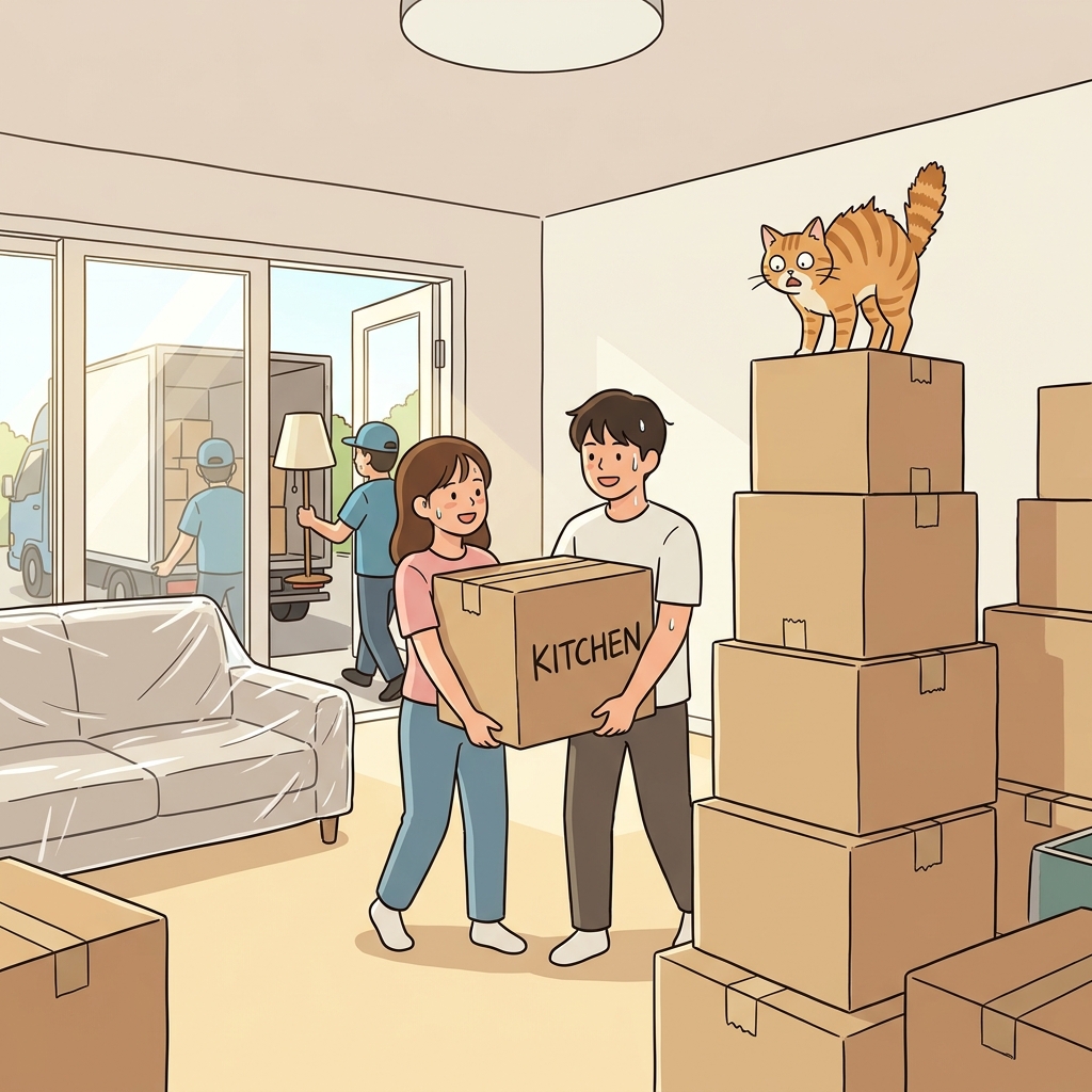 새 도시로 이사 오니 온 집안이 상자 천지에 고양이만 어리둥절하다.
