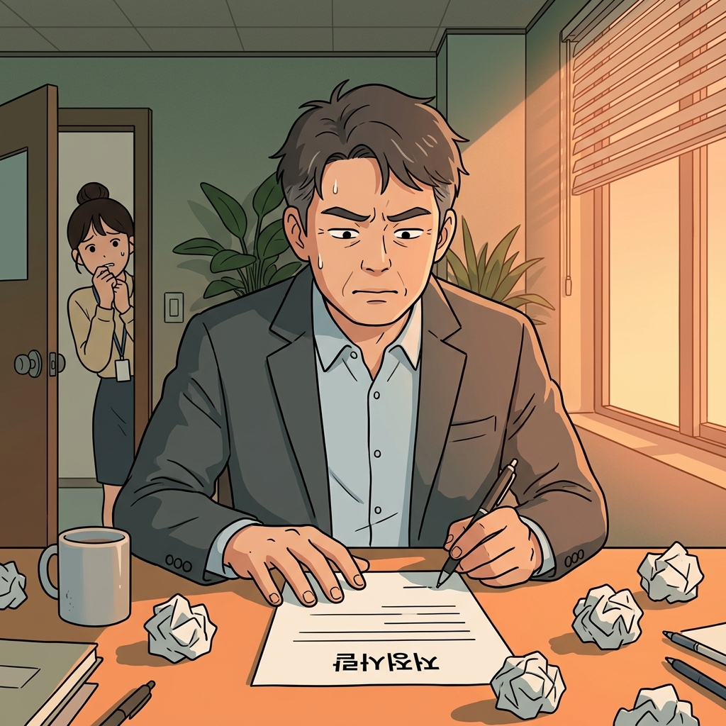 그는 사직서에 서명하는 걸 정말 망설이고 있다.