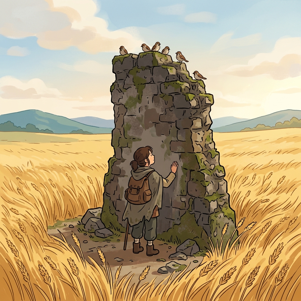 A single remnant of the old castle wall still stands in the wheat field.