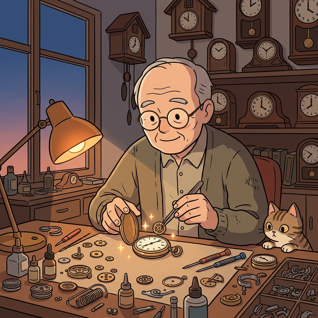 노시계공이 망가진 회중시계를 정성껏 고치고 있다.