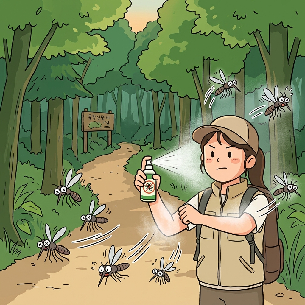 She sprays repellent on her arms before hiking into the mosquito-filled forest.