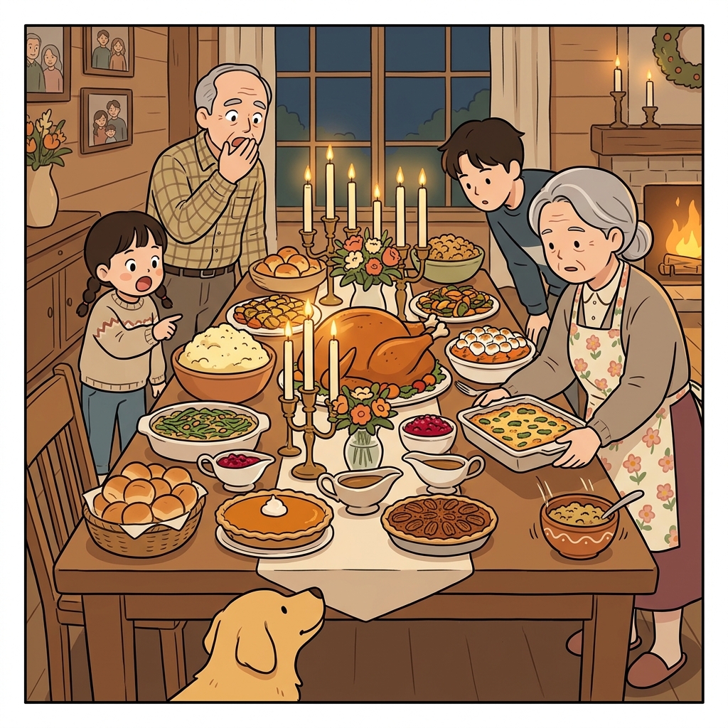 The Thanksgiving table was replete with roasted turkey, pies, and steaming dishes.