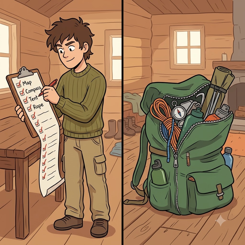To make his long camping trip fully complete, the explorer made sure his heavy green backpack was replete with survival tools.