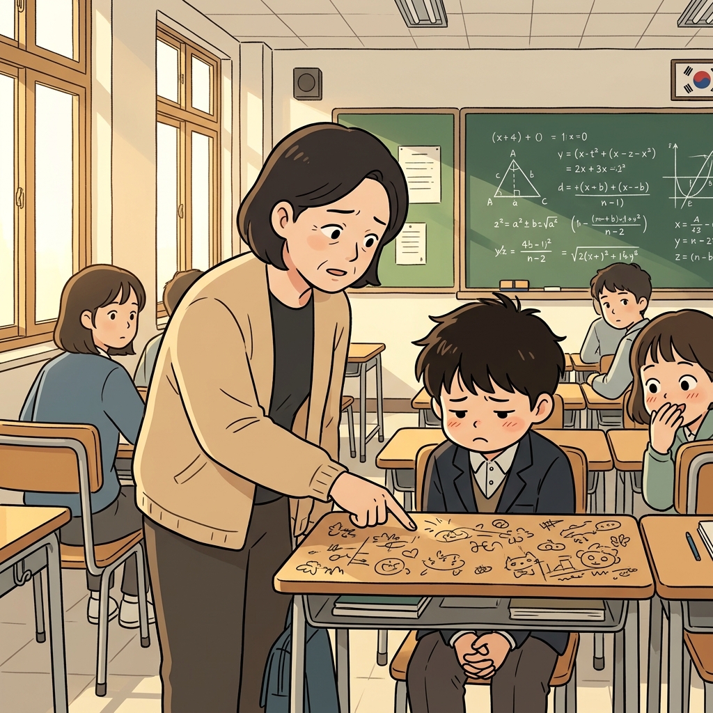 선생님이 책상에 낙서한 아이를 조용히 꾸짖었다.