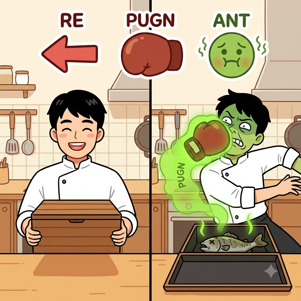 RE(against) + PUGN(fight) + ANT(state) — acting in a state(ANT) that physically fights(PUGN) against(RE) his stomach, the rotten fish was totally repugnant.