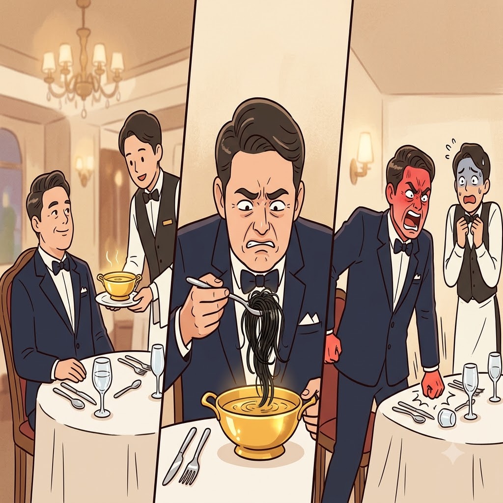 The wealthy customer became highly indignant when he found a repugnant hair in his expensive soup.