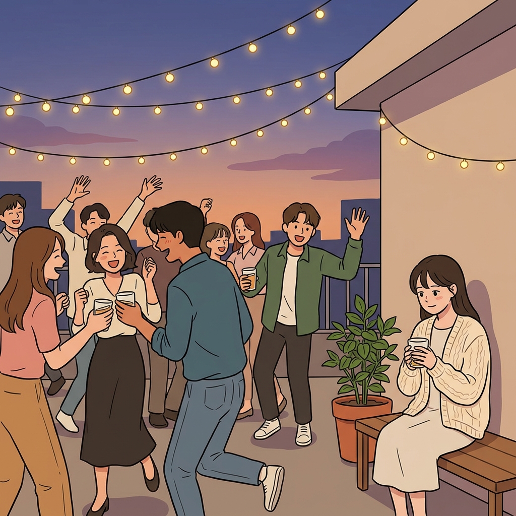그녀는 시끌벅적한 파티에서도 조용히 구석에 앉아 있었다.