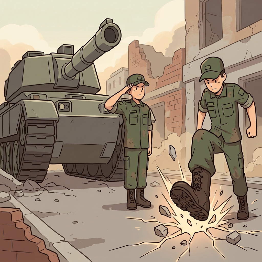거대한 탱크의 절대적인(absolute) 파괴력에 맞서, 병사는 빳빳하게 경례(salute)를 한 뒤 군화를 땅에 거칠게 쾅 내리찍으며 싸우겠다는 단호한(resolute) 의지를 보여주었다.