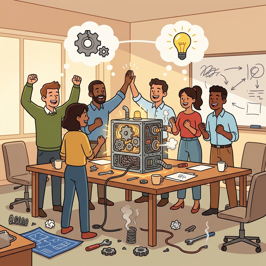 The team resolved the problem by trying to solve it again and again. (RE + SOLVE → solve it again until you resolve it)
